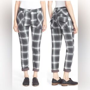 Free People Black/Gray Monochromatic Plaid Slouchy Utility Cargo Pants,Size-8